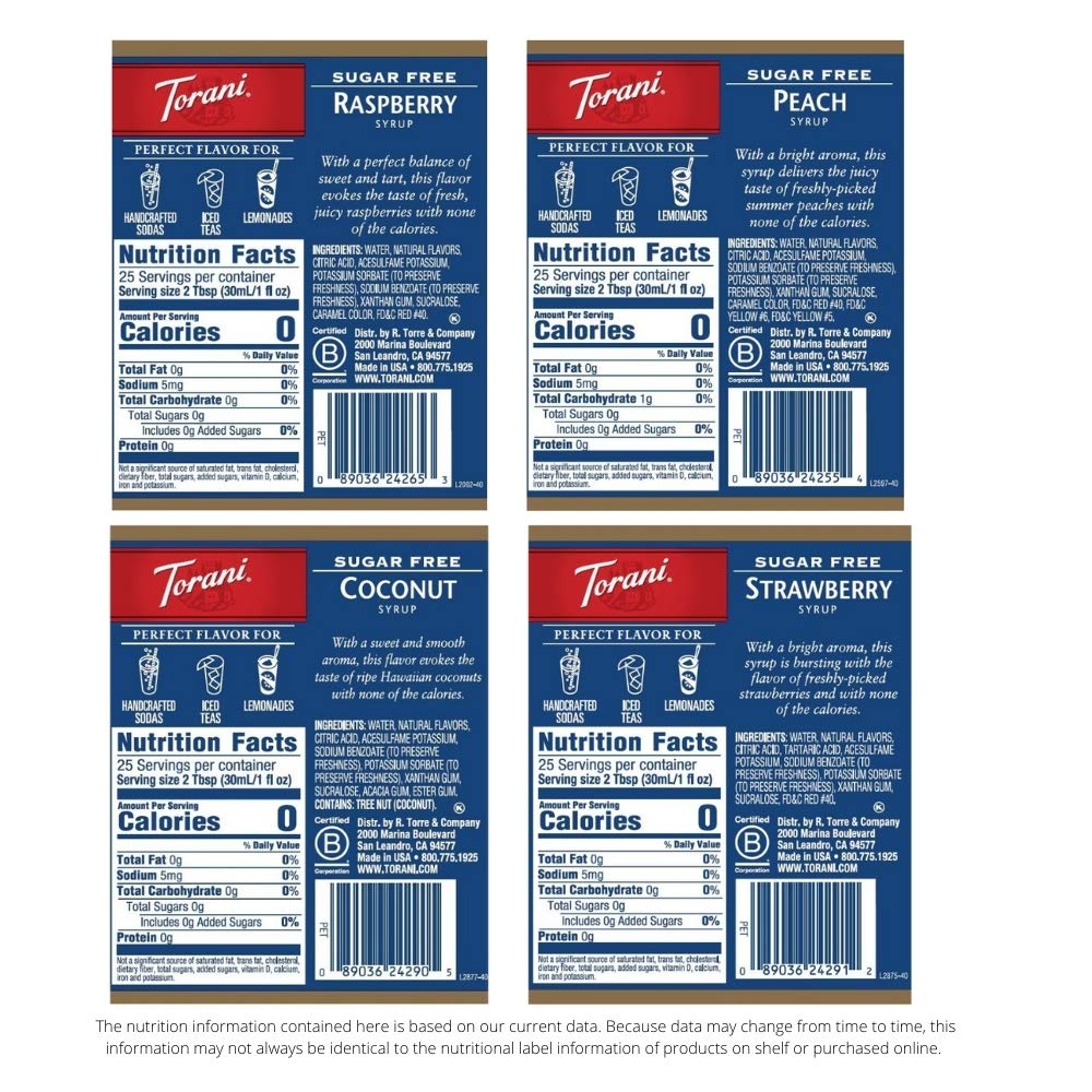 Torani Sugar Free Drink Syrup Soda Flavors Variety Pack, 25.4 fl oz, 4 Pack
