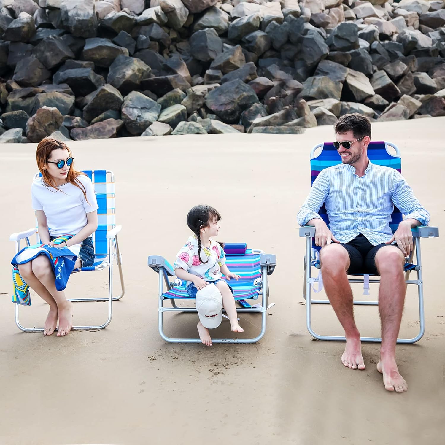 SUNNYFEEL Oversized Tall Folding Beach Chair Lightweight, 17" Portable Sand Chair for Adults Heavy Duty 500 LBS with Cup Holders