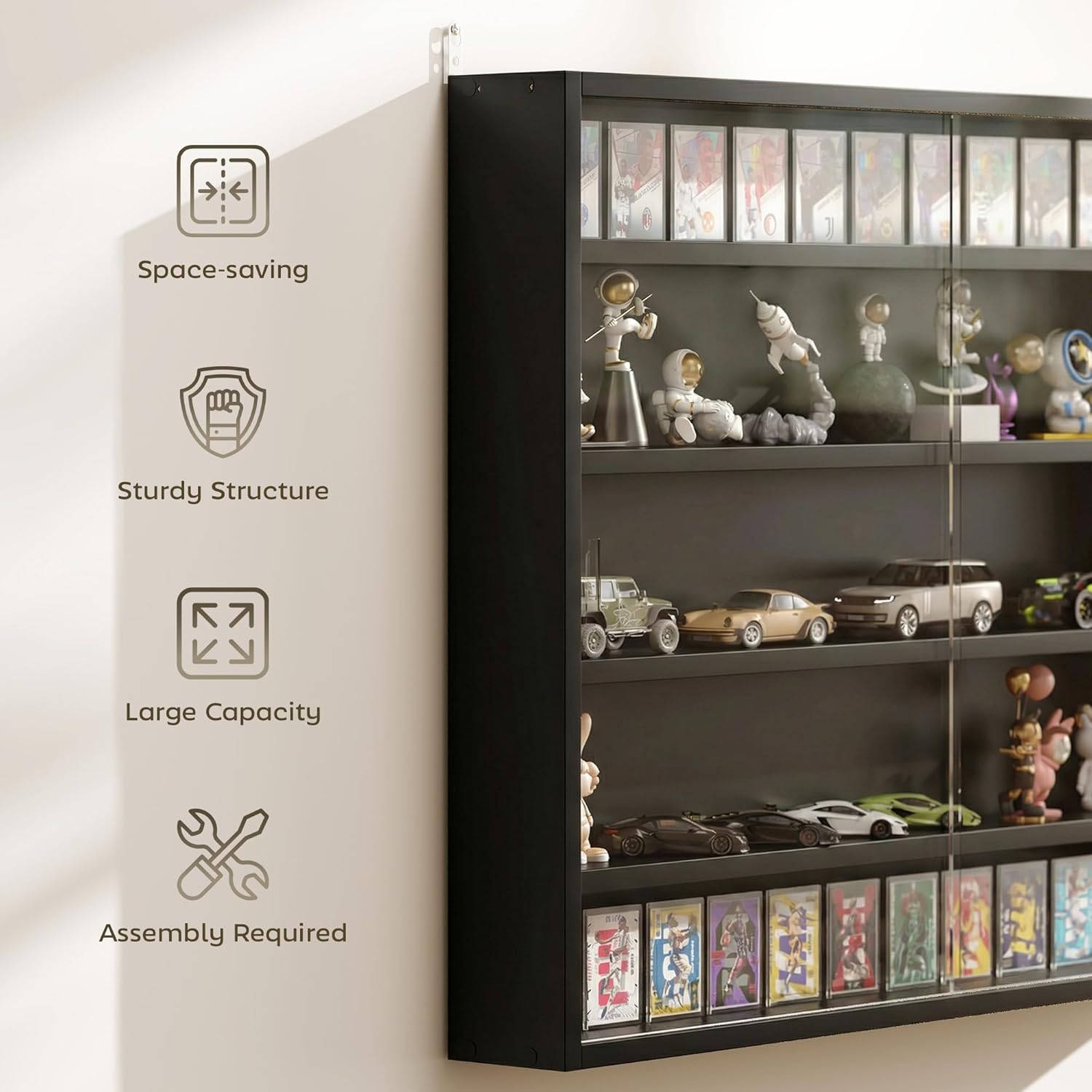HOMCOM 5-Tier Display Cabinet, Glass Door Cabinet with Adjustable Shelves, Wall-Mounted Display Case for Playroom, Bedroom, Black