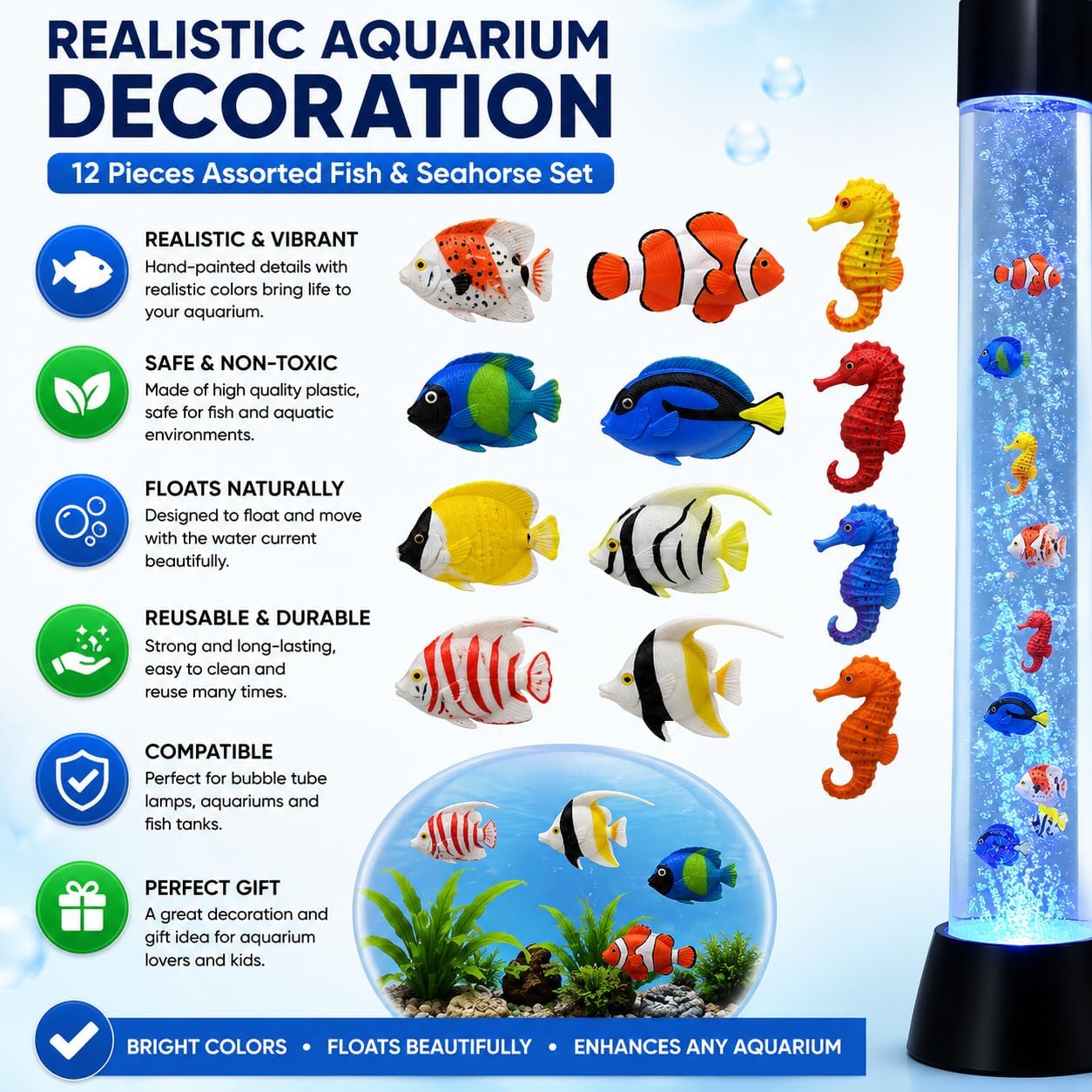 Brewish Artificial Lifelike Plastic Fish for Aquarium Tank Decorations Ornaments | Random Pattern Moving Floating Fishes Toy for Swimming in Bubble