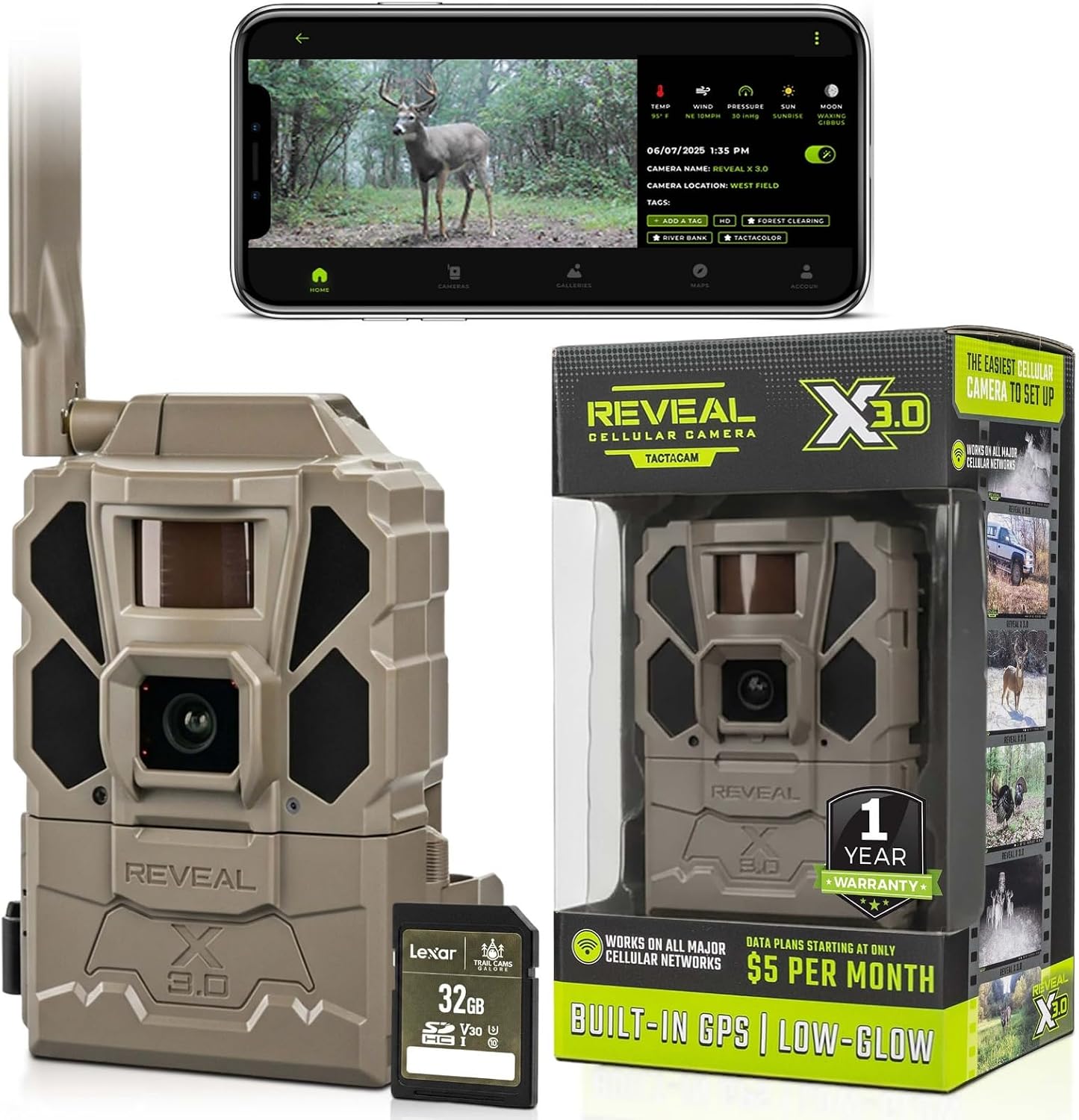 Tactacam REVEAL X Gen 3.0 Cellular Trail Camera - Multi Carrier, HD Photos & Videos, Pre-Installed Antenna, Built-in GPS, Best Battery Life, Low-Glow IR Flash, Fast Trigger Speed + 32GB SD Card (2 PK)
