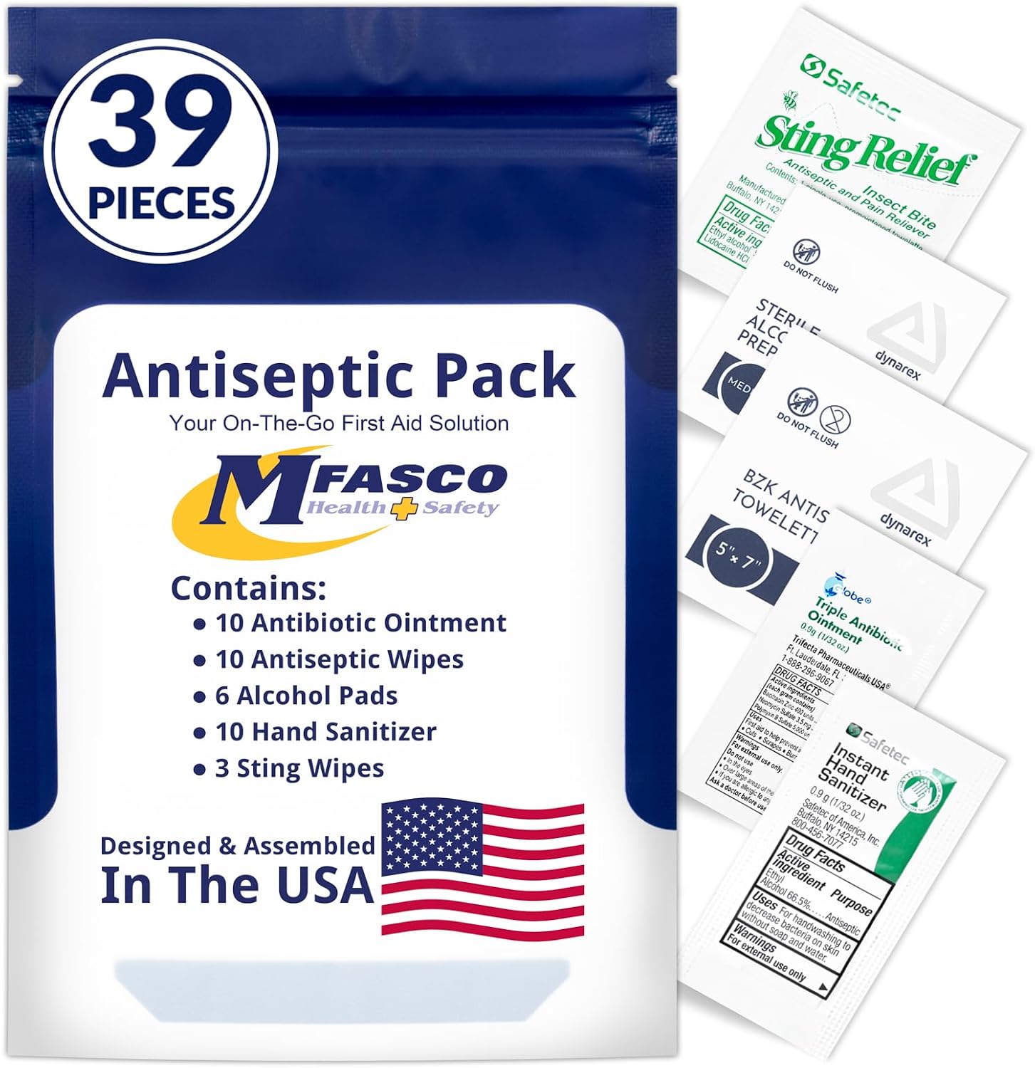 MFASCO Antiseptic Wound Care Travel Pack | 39 Piece First Aid Kit Refill | BZK, Antiseptic Wipes, Sting Relief, Wound Ointment | Essential First Aid Supplies | Refill Personal First Aid Kits
