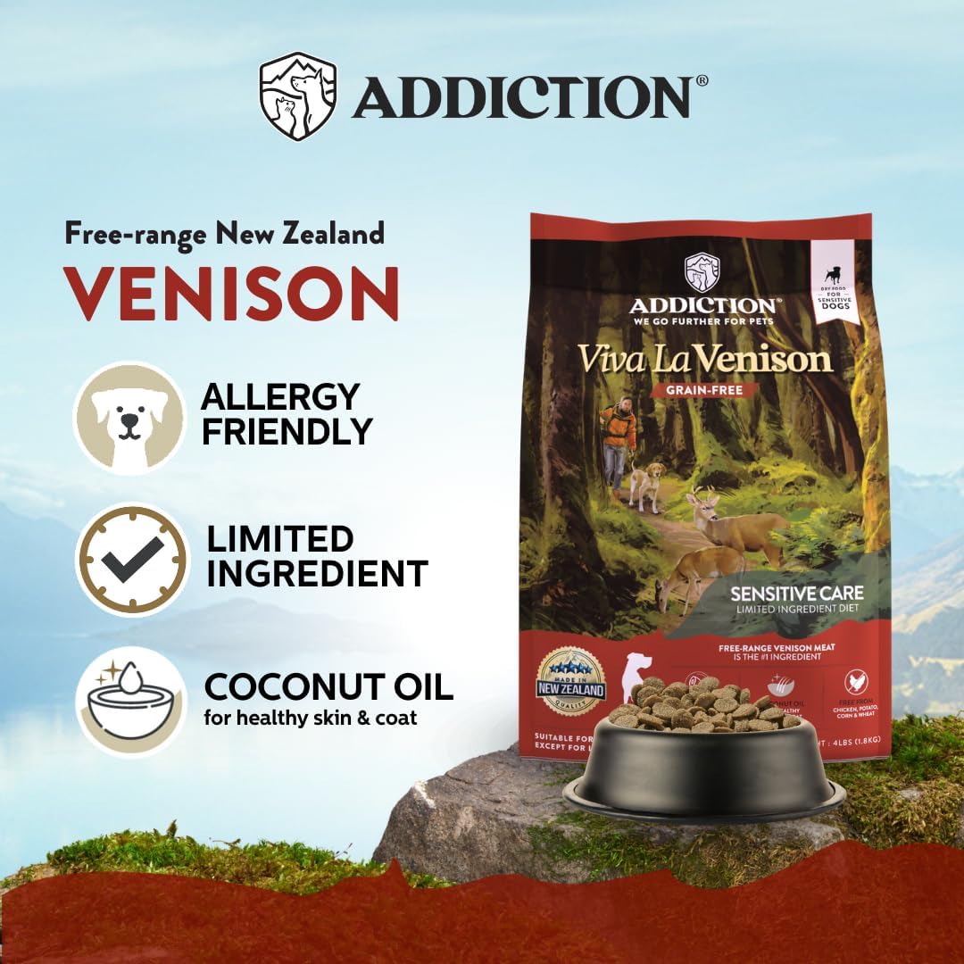 Addiction Viva La Venison Dog Food – Grain-Free Dry Dog Food with Novel Protein & Prebiotics, No Chicken, Beef, or Turkey – Ideal for All Dogs & Puppies – Made in New Zealand 4lb