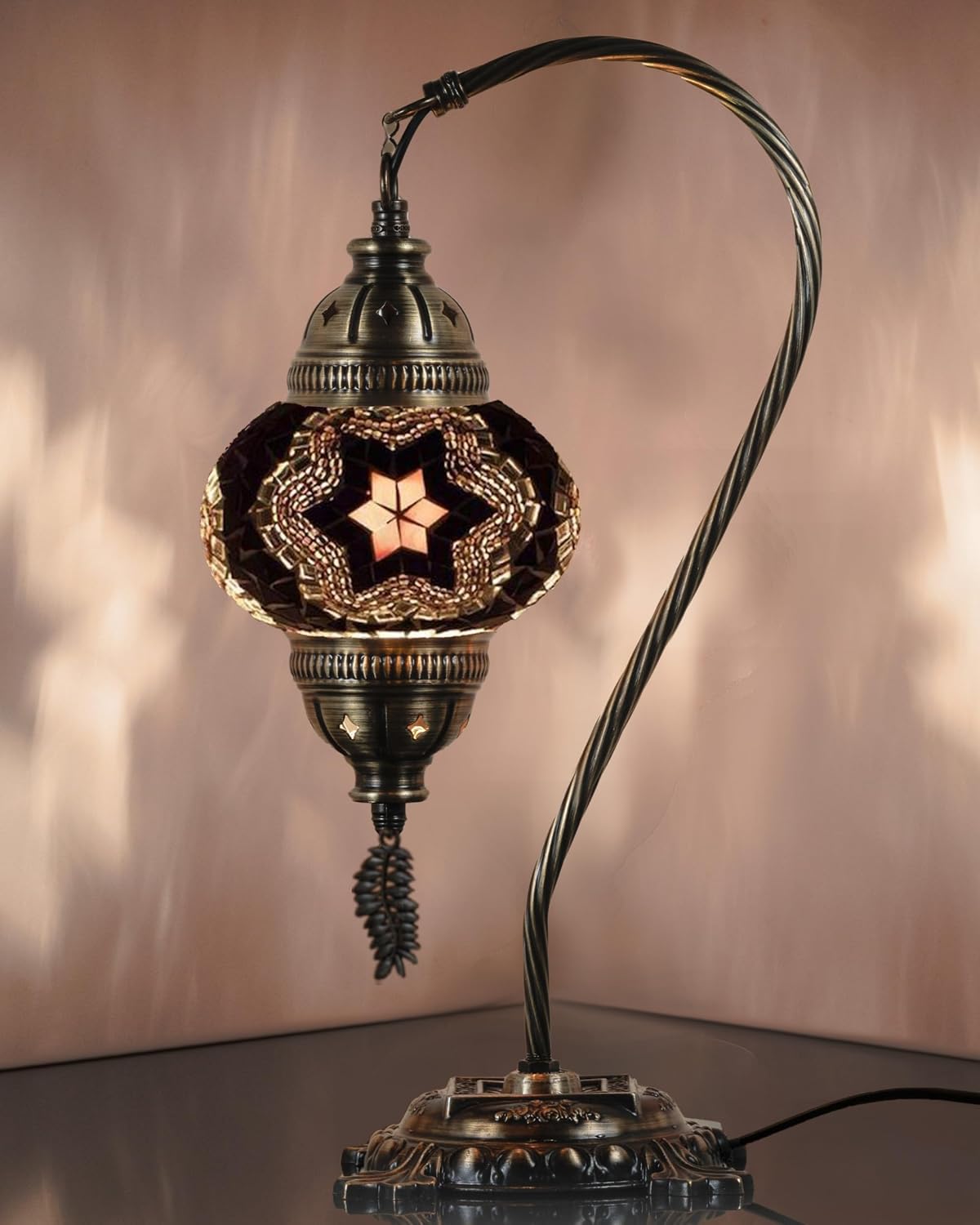 DEMMEX Turkish Table Lamp Moroccan Bedside Light Handmade Tiffany Mosaic Glass Boho Artisan Accent Lighting for Bedroom Living Room, Antique Brass Finish – 15" H, Multicolor
