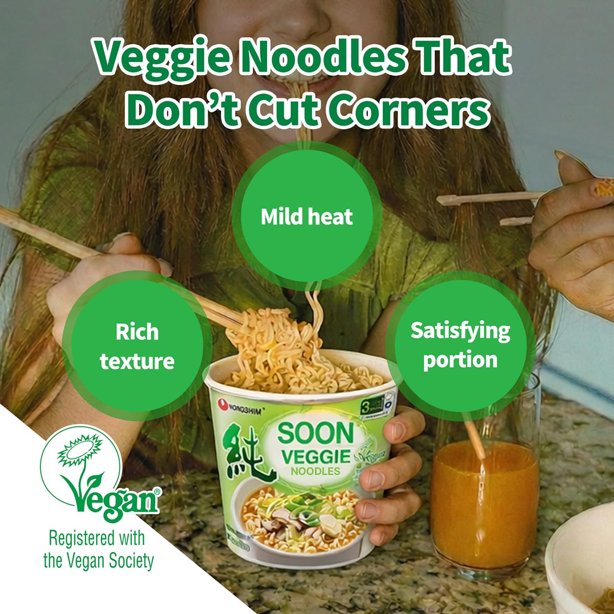 Nongshim Soon Veggie Ramyun Noodles, Signature Korean Instant Ramyun, Vegetable Flavored Broth, Vegan Noodles, Quick & Easy, Microwaveable Cup, 2.64 oz (Pack of 6)