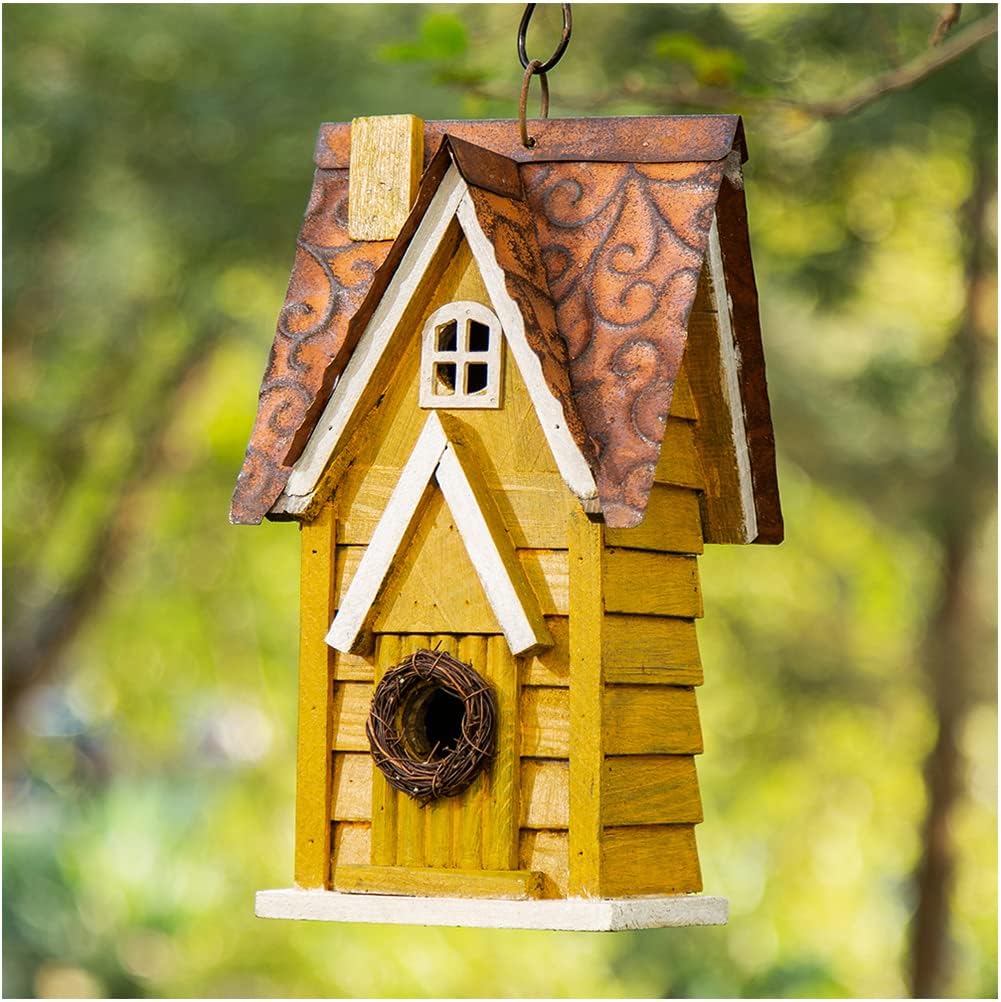 Glitzhome 12" H Green Hanging Distressed Solid Wood Garden Bird House Decorative Birdhouse