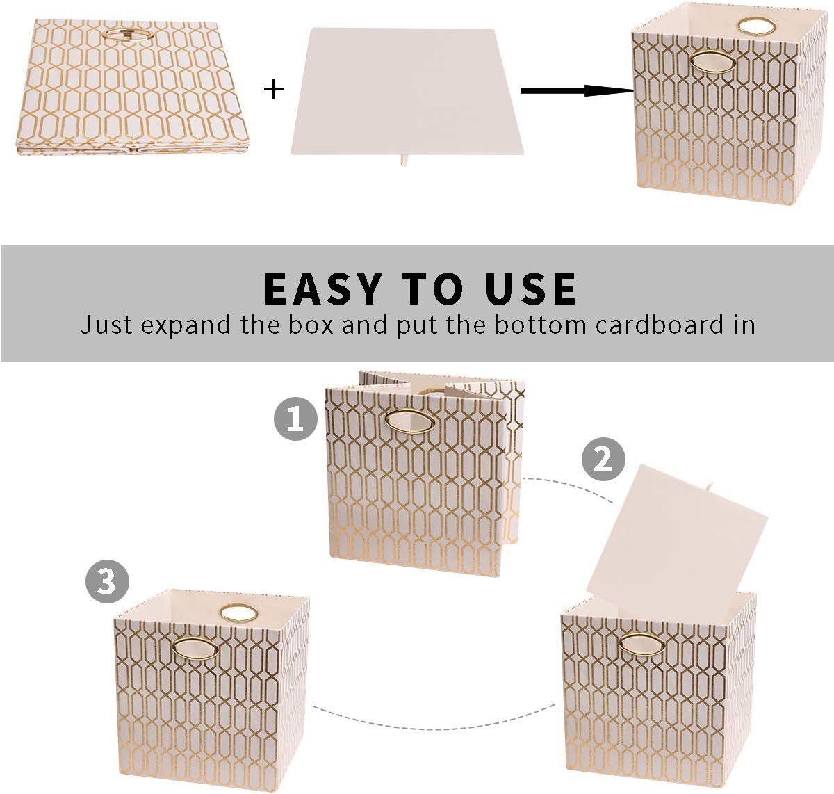 Posprica Storage Bins, Storage Cubes,13×13 Fabric Drawers Organizer Basket Boxes Containers (13×13×13/4pcs, Cream/gold geometry Pattern)