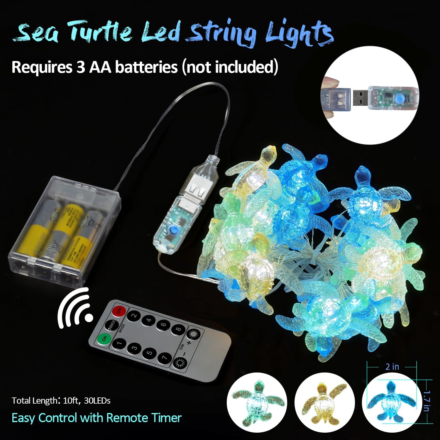 Beach Theme -Cute Green Sea Turtle String Lights- Ocean Fairy Decorative Lights- 10ft 30 LEDs -USB Powered -Multi-Function- Remote Control-Christmas