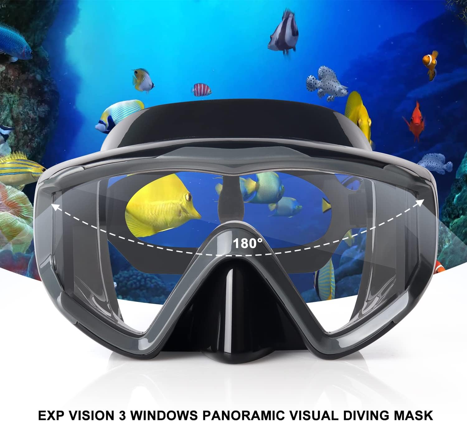 Adult Pano 3 Scuba Diving Mask, Tempered Glass Snorkel Mask Anti-Fog Swim Mask No Leakage Swim Goggles with Nose Cover Snorkeling Gear for Snorkeling