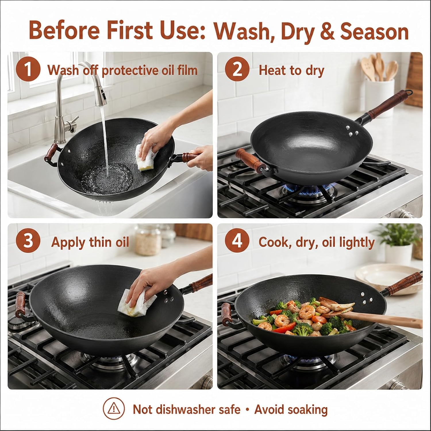 WANGYUANJI 12.6 Inch Cast Iron Wok with Wooden Lid, Handcrafted Flat Bottom Chinese Stir Fry Pan, Uncoated Heavy-Duty Iron Wok for Induction, Gas