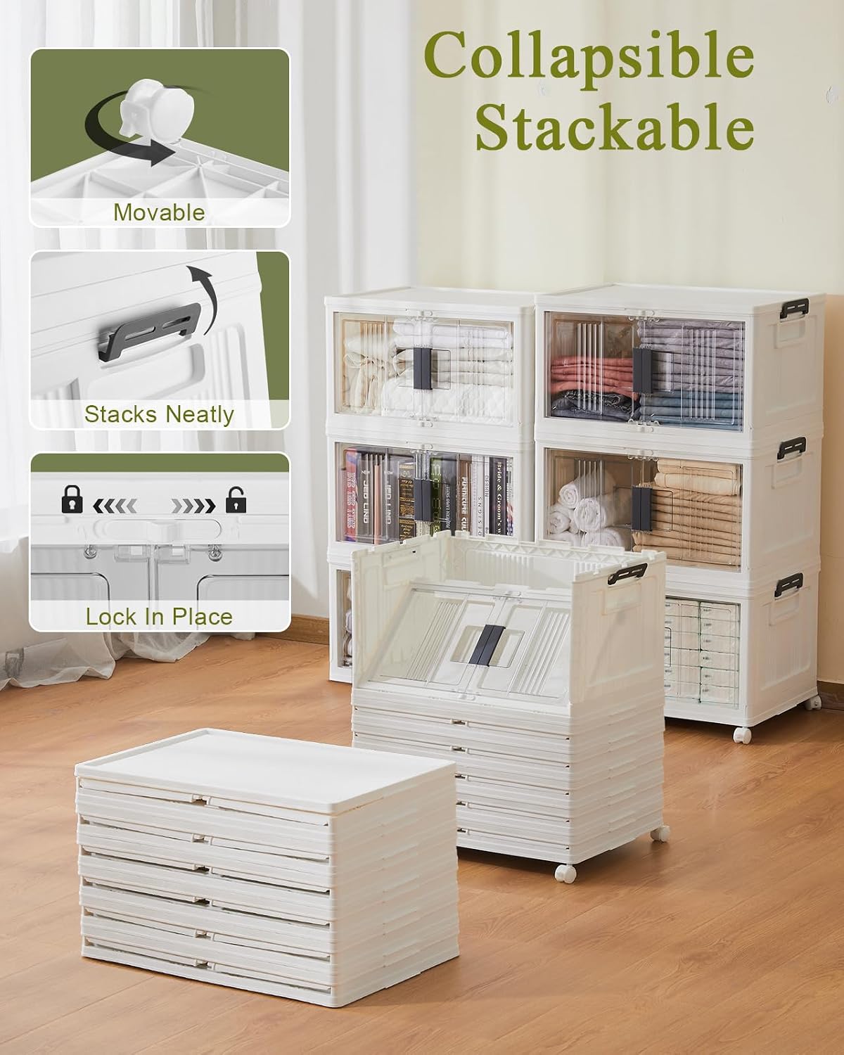OlarHike 144QT Storage Bins with Lids for Closets, Office, Dorm, 3 Pack | Multi-Lid, Lockable Cabinet, Doors & Wheels, Foldable & Collapsible, Stackable Organizers, Plastic Drawers, School, Game Day