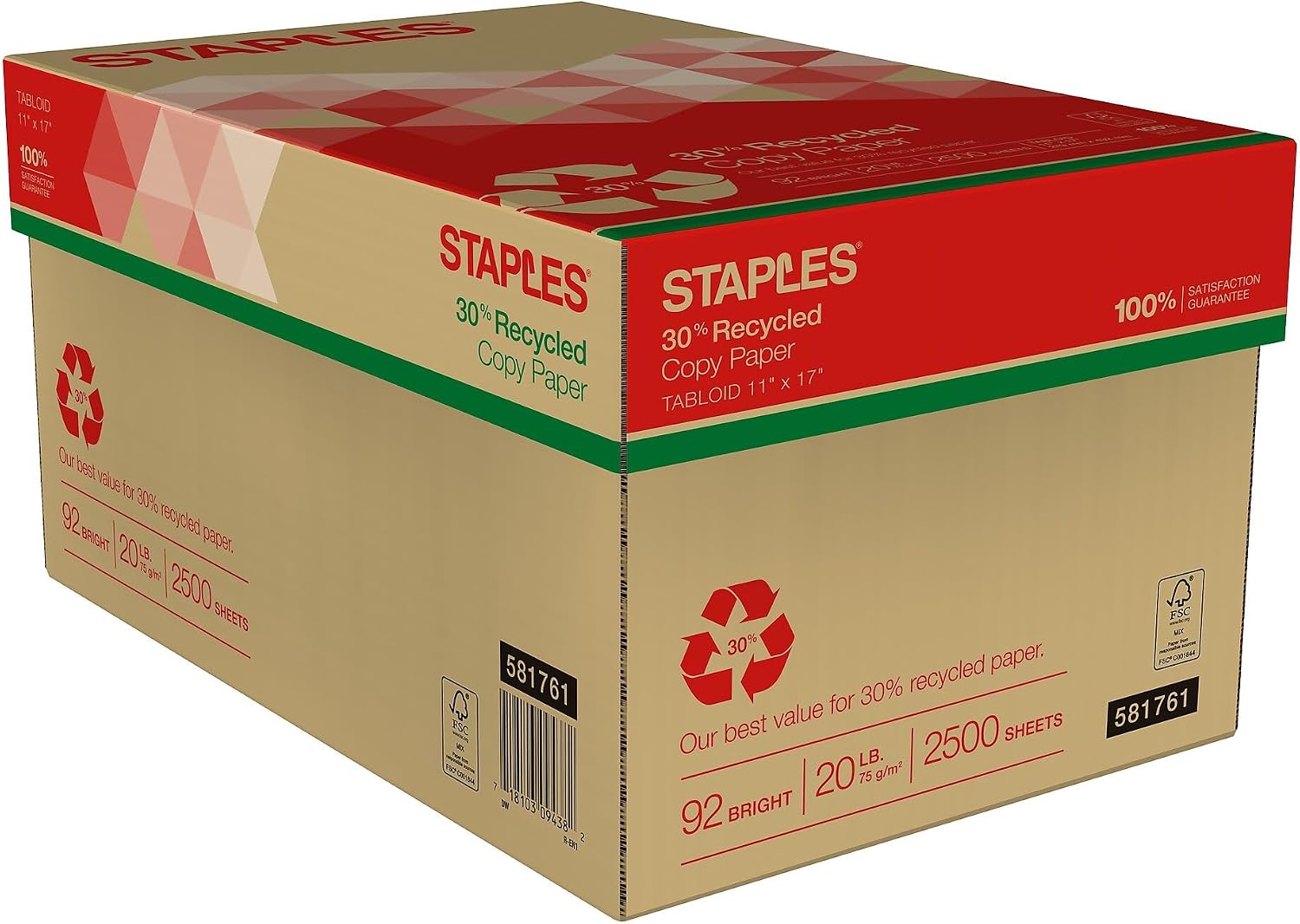 Staples 30% Recycled 8.5-Inch X 11-Inch Copy Paper 20 Lbs 92 Brightness 500/Ream, For Office, School & Home