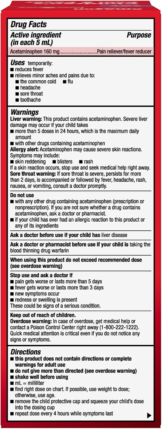Amazon Basic Care Children's Acetaminophen 160 mg per 5 mL Oral Suspension, Grape Flavor, Pain Reliever and Fever Reducer, 4 fl oz