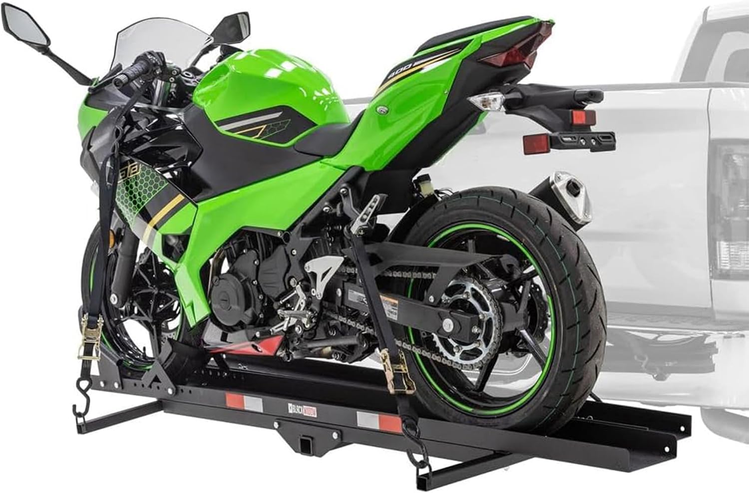 Black Widow Steel Motorcycle Carrier with Ramp for 2-Inch Receiver, 500 lb Capacity - Hitch-Mounted Dirt Bike and Scooter Hauler with Grit-Coated Track and Anti-Rattle Device for SUVs and Trucks