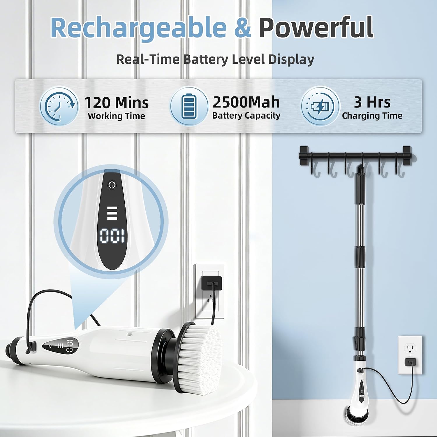 Electric Spin Scrubber, 3-Speed Flat End Brush with 8 Brush Heads & Base, IPX7 Waterproof, Adjustable Long Handle, Digital Display, 2500mAh Fast Charging, for Bathroom, Tub, Tile, Floor