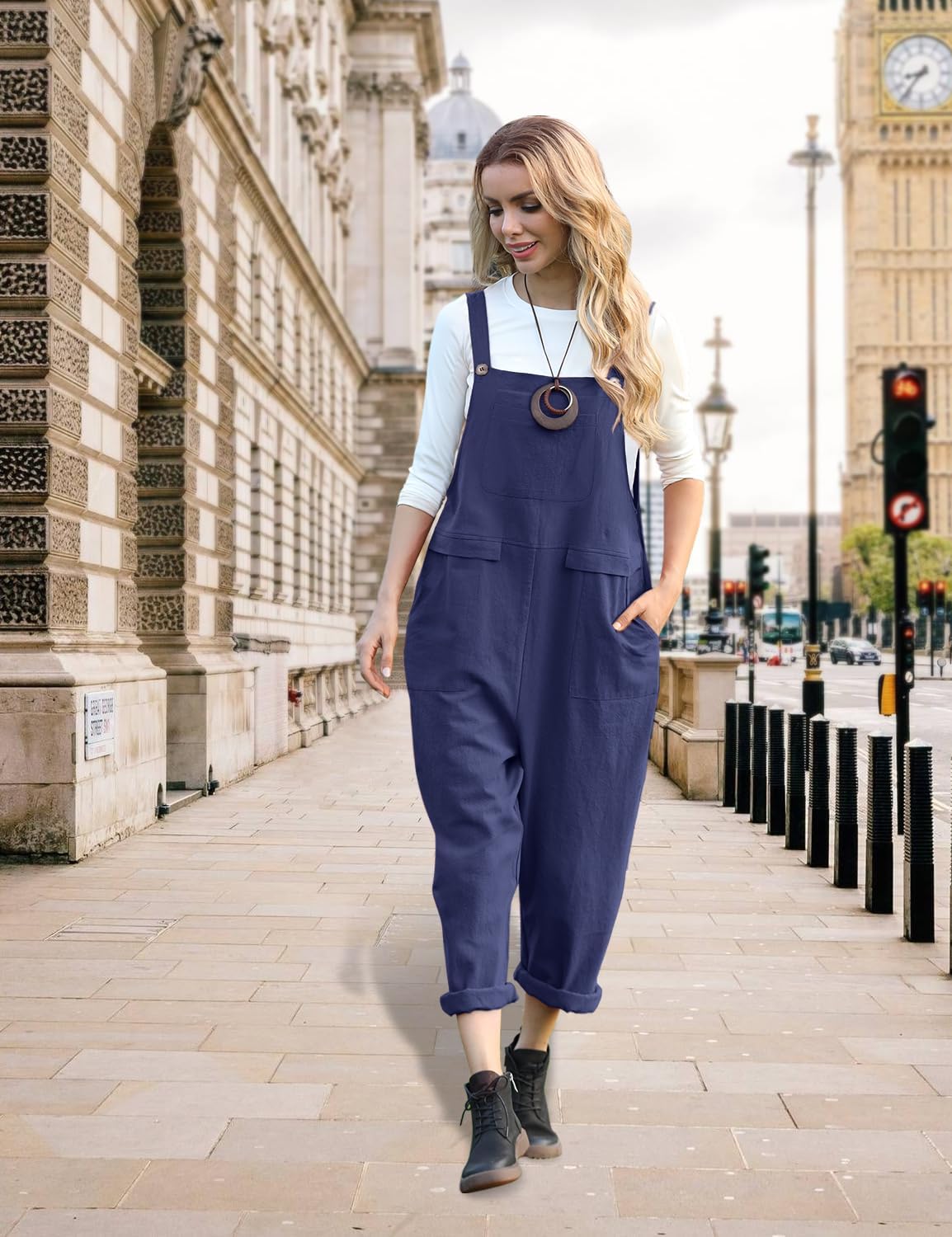 YESNO Women Long Casual Loose Bib Pants Overalls Baggy Rompers Jumpsuits with Pockets PV9