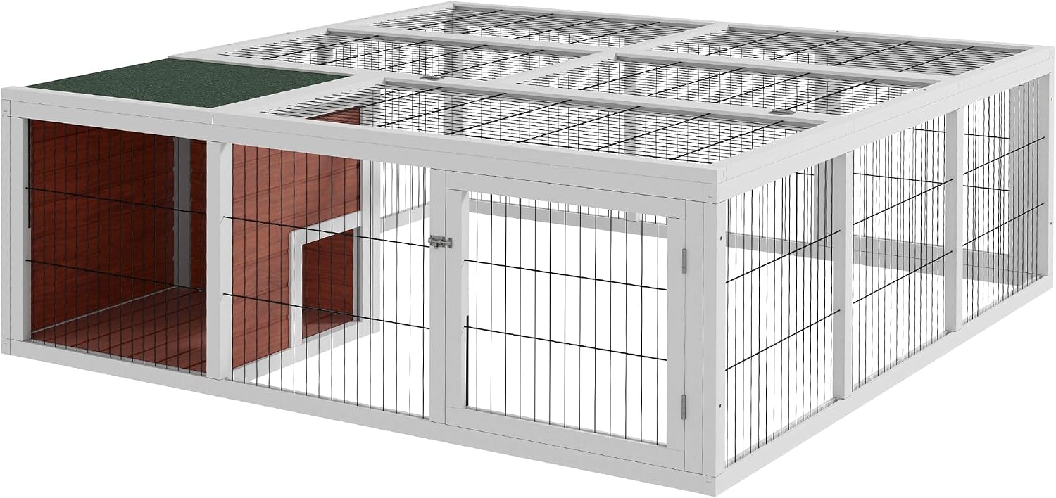 PawHut 59" Outdoor Rabbit Hutch Playpen Bunny Cage for Rabbits Dark Brown | Wooden Tortoise House Habitat, Outdoor Tortoise Enclosure