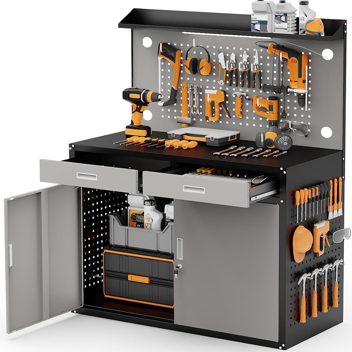65" Heavy Duty Garage Workbench with Storage Drawers & Pegboard, 2000lbs Capacity Metal Work Bench with Lockable Magnetic Cabinets