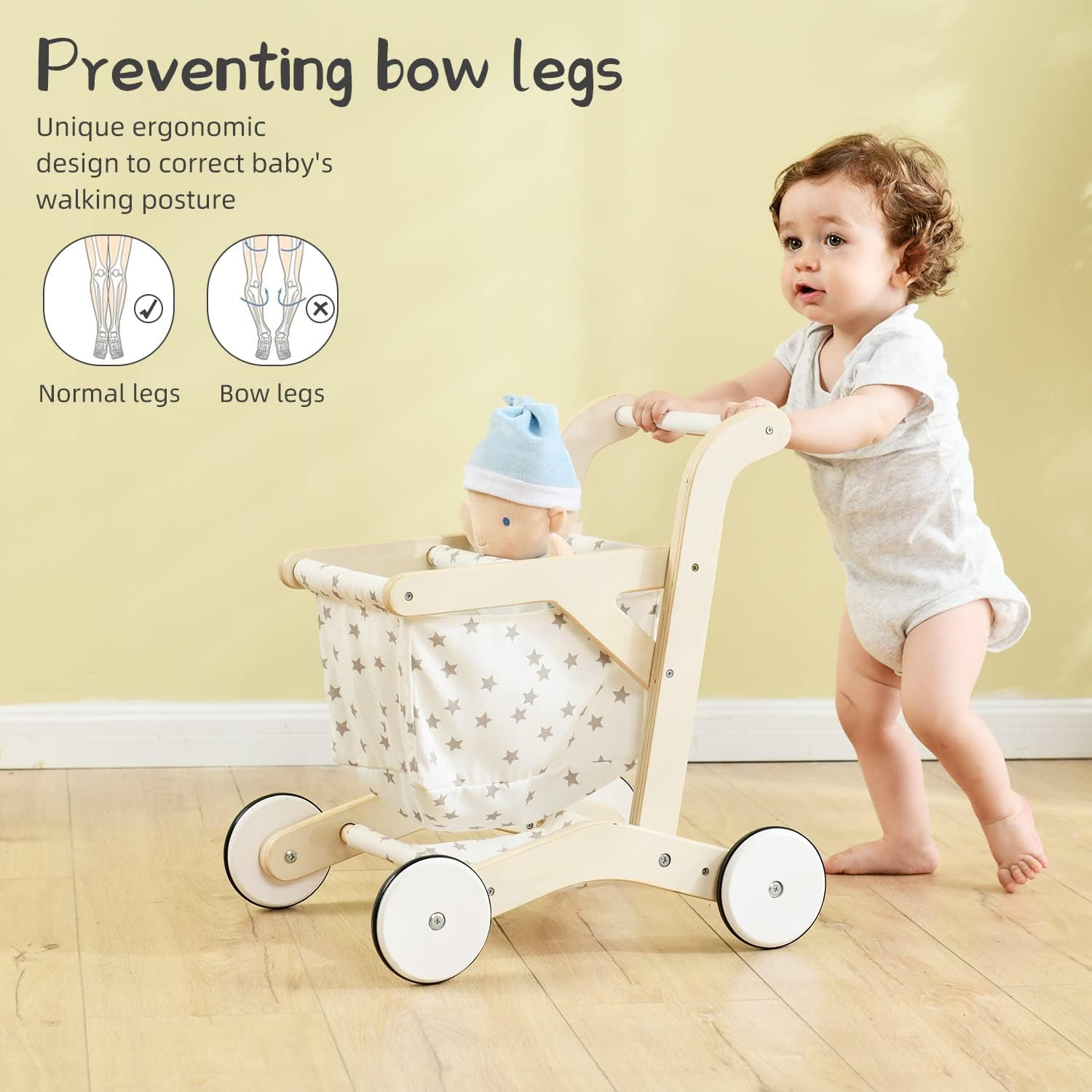 labebe Baby Push Walker, Wooden Shopping Cart with Doll Seat for Toddlers