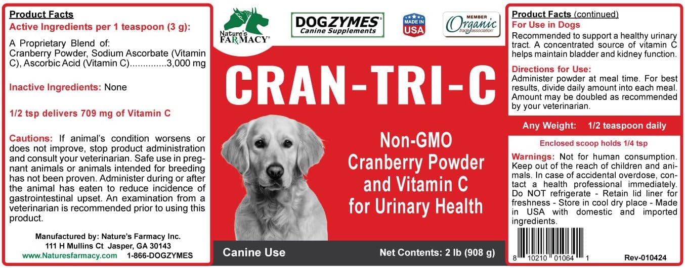 Dogzymes Cran Tri C Urinary Tract Support, Vitamin C Blend, 1418mg per Teaspoon (1 Pound)