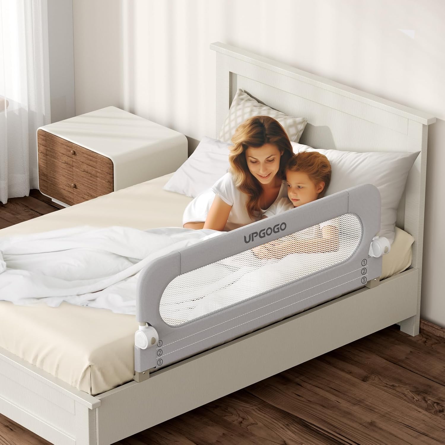 UPGOGO Folding Bed Rail for Toddlers, White, 71" L x 23.6" H | U-shaped base，Reinforced Anchors, Built-in Sponge , Secure lock