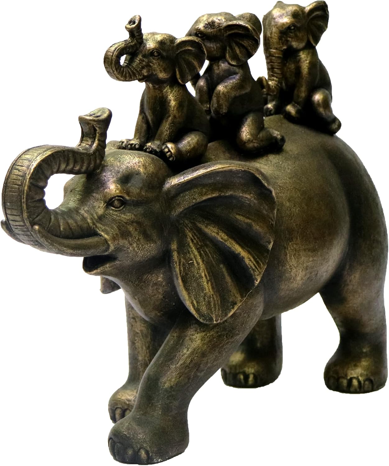 Nature's Mark 8" H 3 Baby Elephants Riding an Elephant Resin Statue Figurine Home Decorative Accent Decor (Brown)