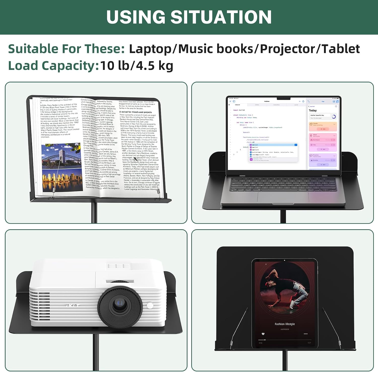 Sheet Music Stand - Full Metal with Carrying Bag, Phone Holder, Sheet Music Folder and Clip, 5 in 1 Desktop Book Stand - Black