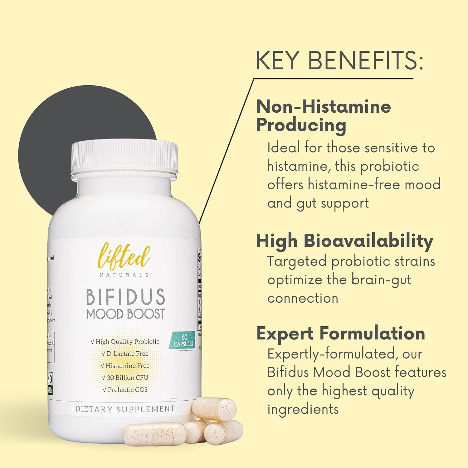 Probiotics 30 Billion CFU - Bifidus Mood Support Supplement w/prebiotics & probiotics for Women and Men - Mood & Digestion Support- Histamine Free