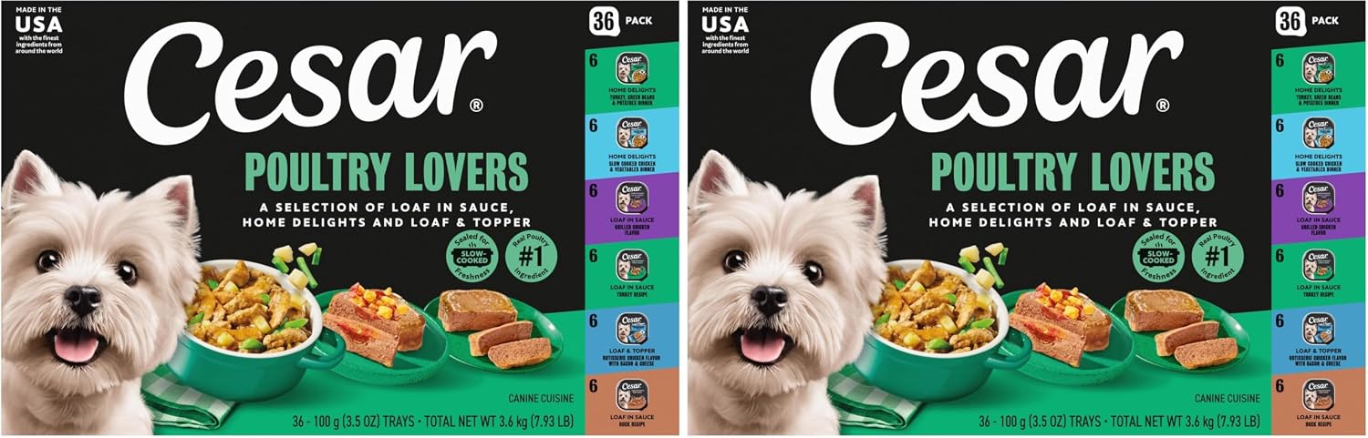 Cesar Wet Dog Food, Steak Lovers Variety Pack, 3.5 oz, 36 Count | Real meat #1 ingredient, easy peel trays, 100% complete & balanced, no fillers, no added sugar, no artificial flavors
