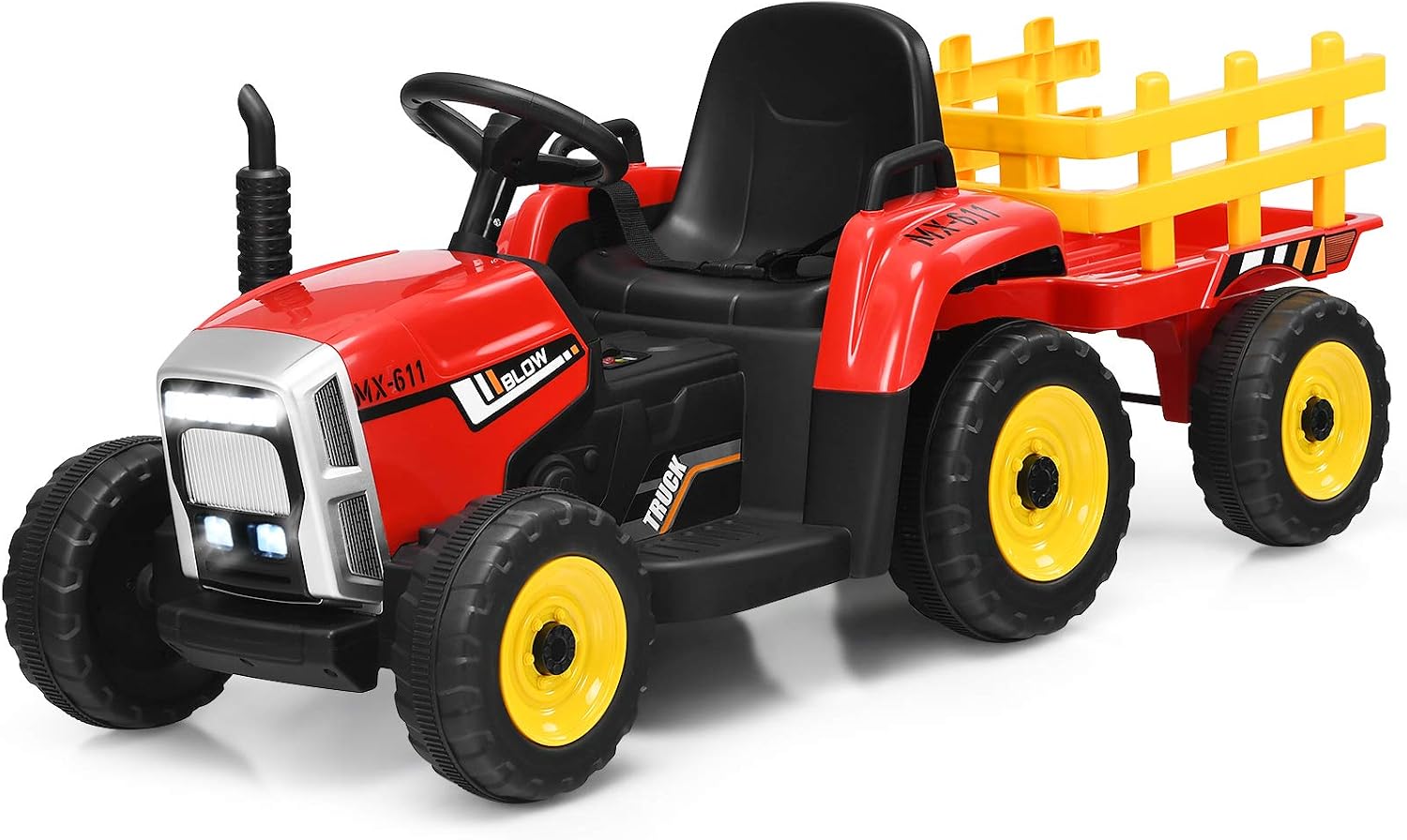 Costzon Ride on Tractor with Detachable Trailer, Kids' Electric Vehicles w/3-Gear-Shift Ground Loader, Wireless Design & USB, 7 LED Headlights