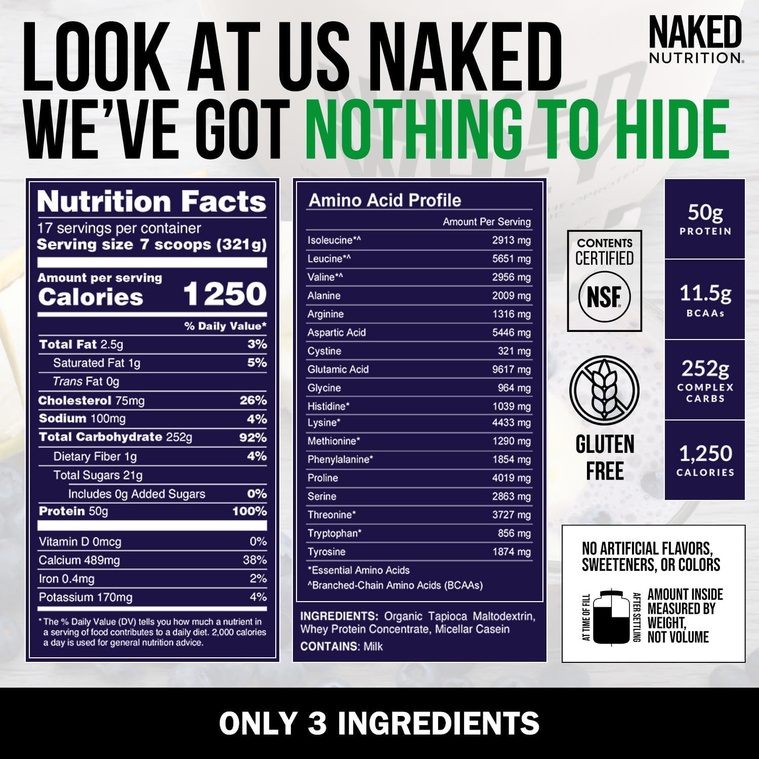 NAKED Mass - Natural Weight Gainer Protein Powder - 8 LB Bulk, NSF Certified, GMO Free, Gluten Free & Soy Free. No Artificial Ingredients - 1,250 Calories per Serving