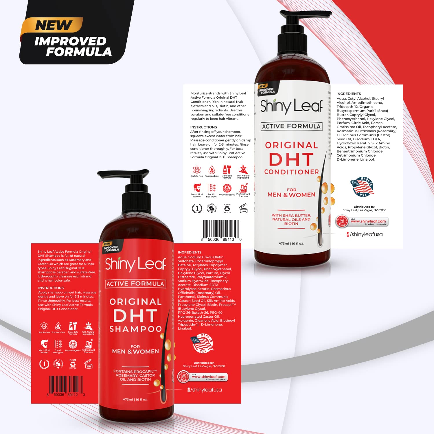 Shiny Leaf DHT Blocker Shampoo and Conditioner Set with Biotin, 2 x 16 oz | DHT blocker shampoo and conditioner with biotin, rosemary oil and asparagus extract for thinning hair. For men and women