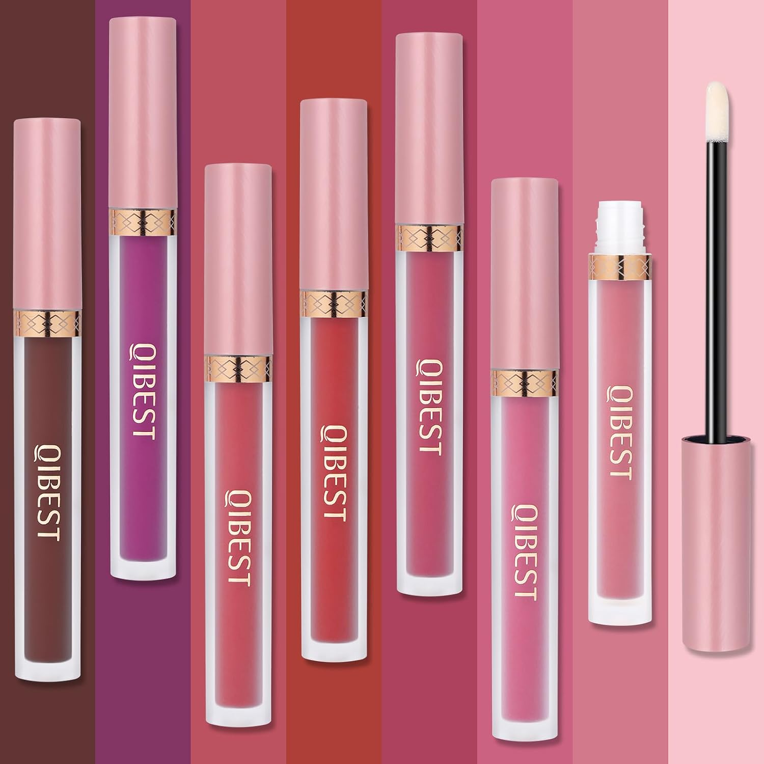 QiBest 7Pcs Matte Liquid Lipstick + 1Pcs Lip Plumper Makeup Set Kit, Pigmented Long Lasting Lip Gloss Set