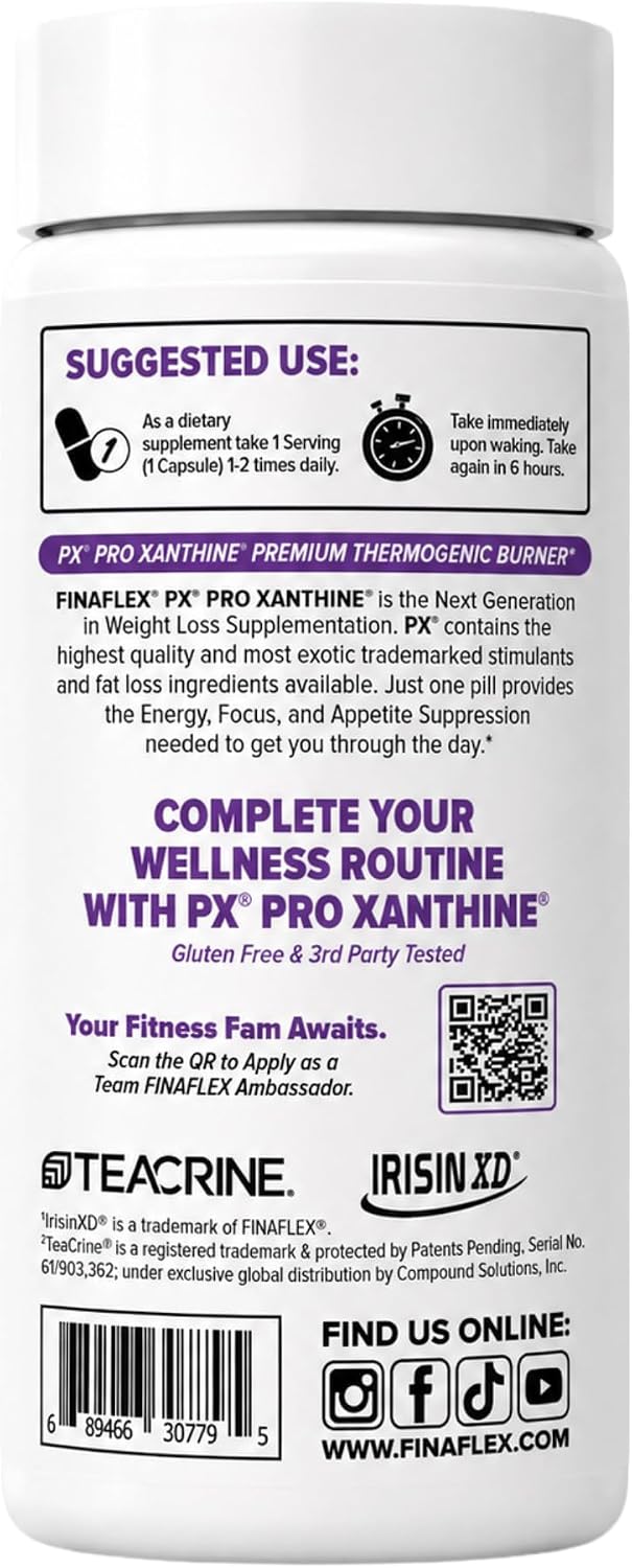 FINAFLEX PX PRO Xanthine - 60 Capsules - Thermogenic - Promotes Energy, Focus & Appetite Suppression - With Caffeine & TeaCrine - 60 Servings