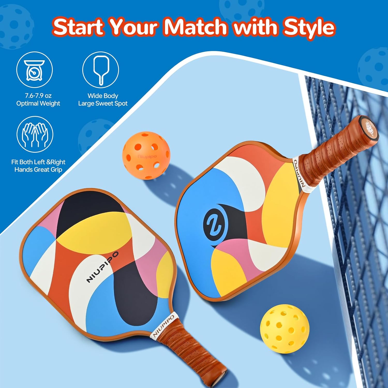 niupipo Pickleball Paddles Set of 2 or 4, USAPA Approved Fiberglass Pickleball Paddle Set with Balls and Bag, Polypropylene Honeycomb Core