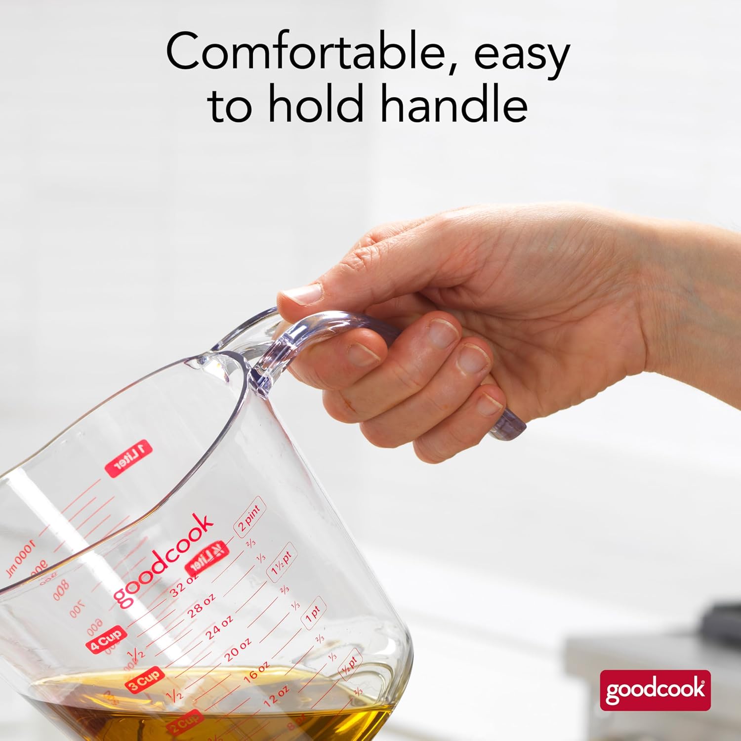 GoodCook Everyday 4-Cup Liquid Measuring Cup, Clear Plastic with Easy-to-Read Markings, Tapered Pour Spout, Comfortable Handle, Measures in Cups, Ounces, Pints, and Milliliters