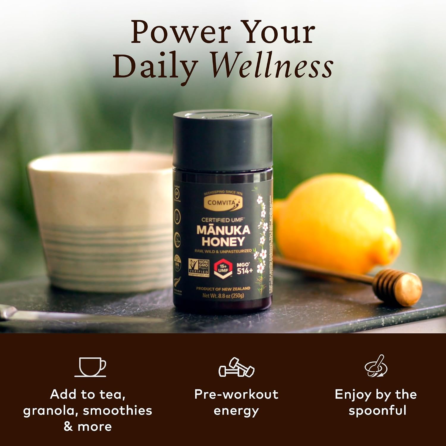 Comvita Manuka Honey UMF 15+ (MGO 514+) Raw, Monofloral - 250g (8.8 Oz) | Raw Manuka Honey New Zealand, Pure Unpasteurized Honey, Superfood for Immune Health, Wild, Use in Tea, Non-GMO