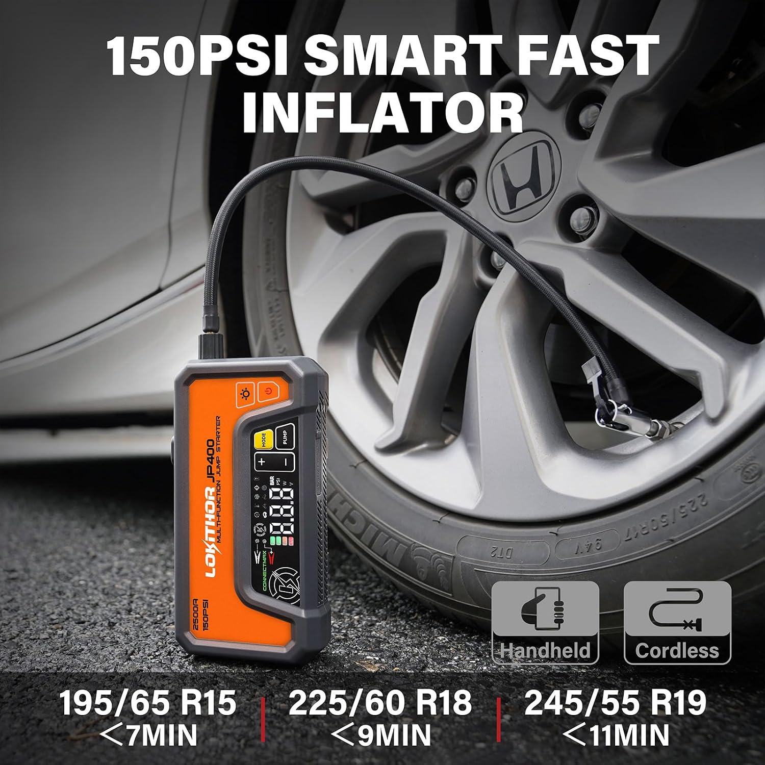 LOKITHOR JP400 Jump Starter with Air Compressor for 8.5L Gas/6.5L Diesel | 2500A 12V Portable Jumper Starter for Car, 150PSI Tire Inflator, 300 Lumen LED Light, Power Bank, ConnectMax, Jumper Cables