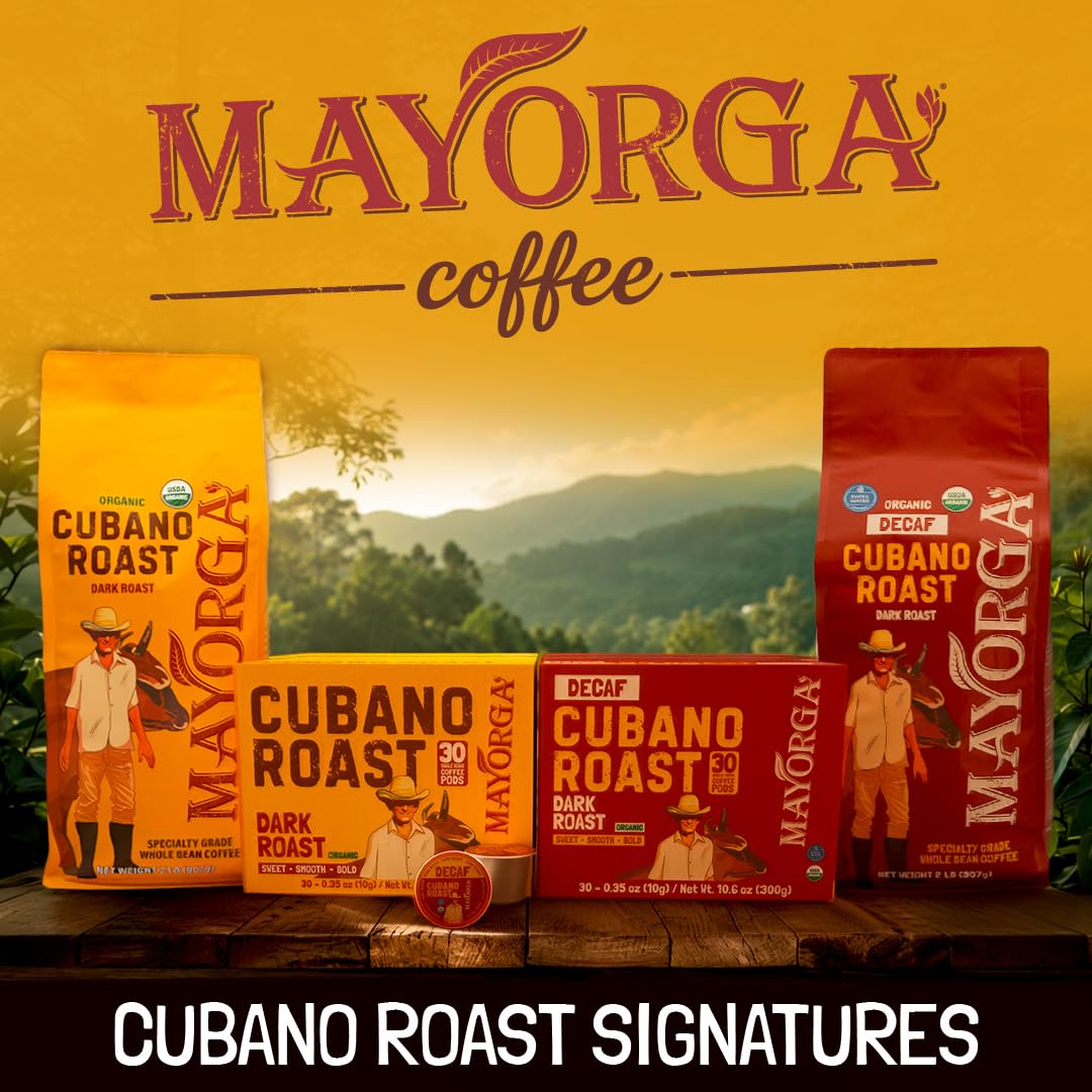 Mayorga Organic Coffee 12oz Cafe Cubano Roast - Dark Roast Whole Bean Coffee Specialty Grade, 100% Arabica, Slow Roasted, Bold and Smooth Flavor with Low Acidity - USDA Organic, Non-GMO, Kosher,