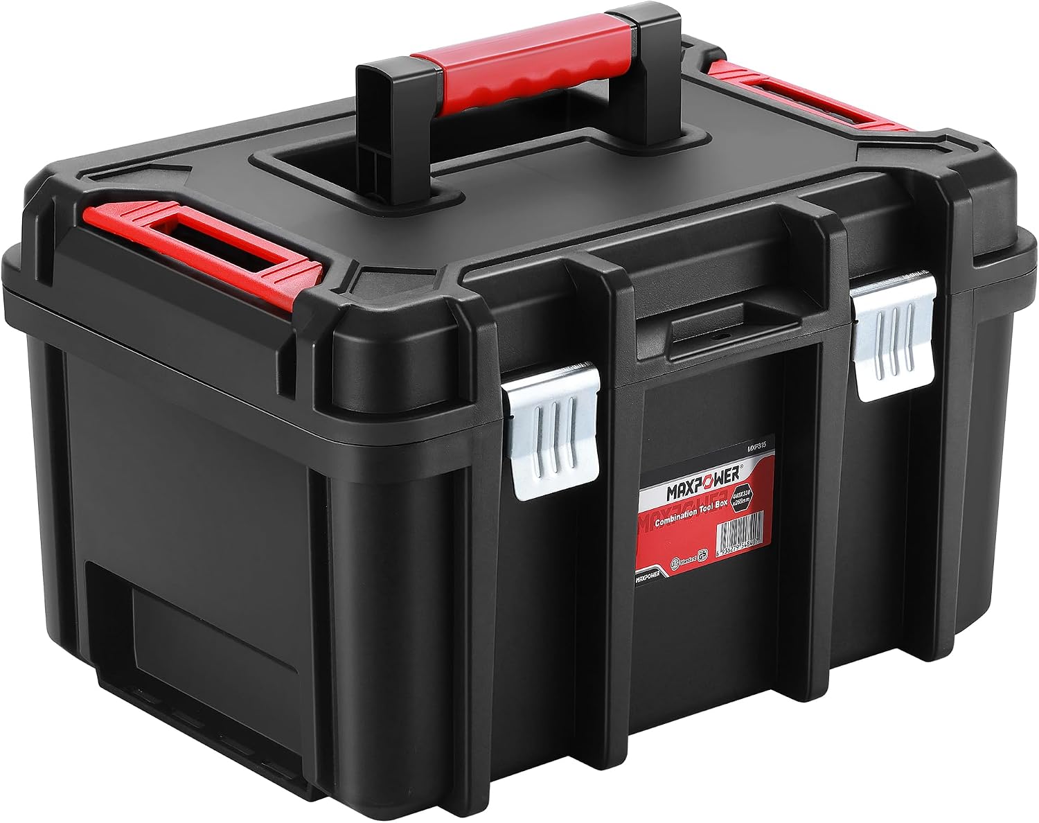 MAXPOWER Small Tool Box, 14-inch Plastic Tool Boxes with Handle | Removable Tray with Dual Lock Secured, Red Toolbox for Home