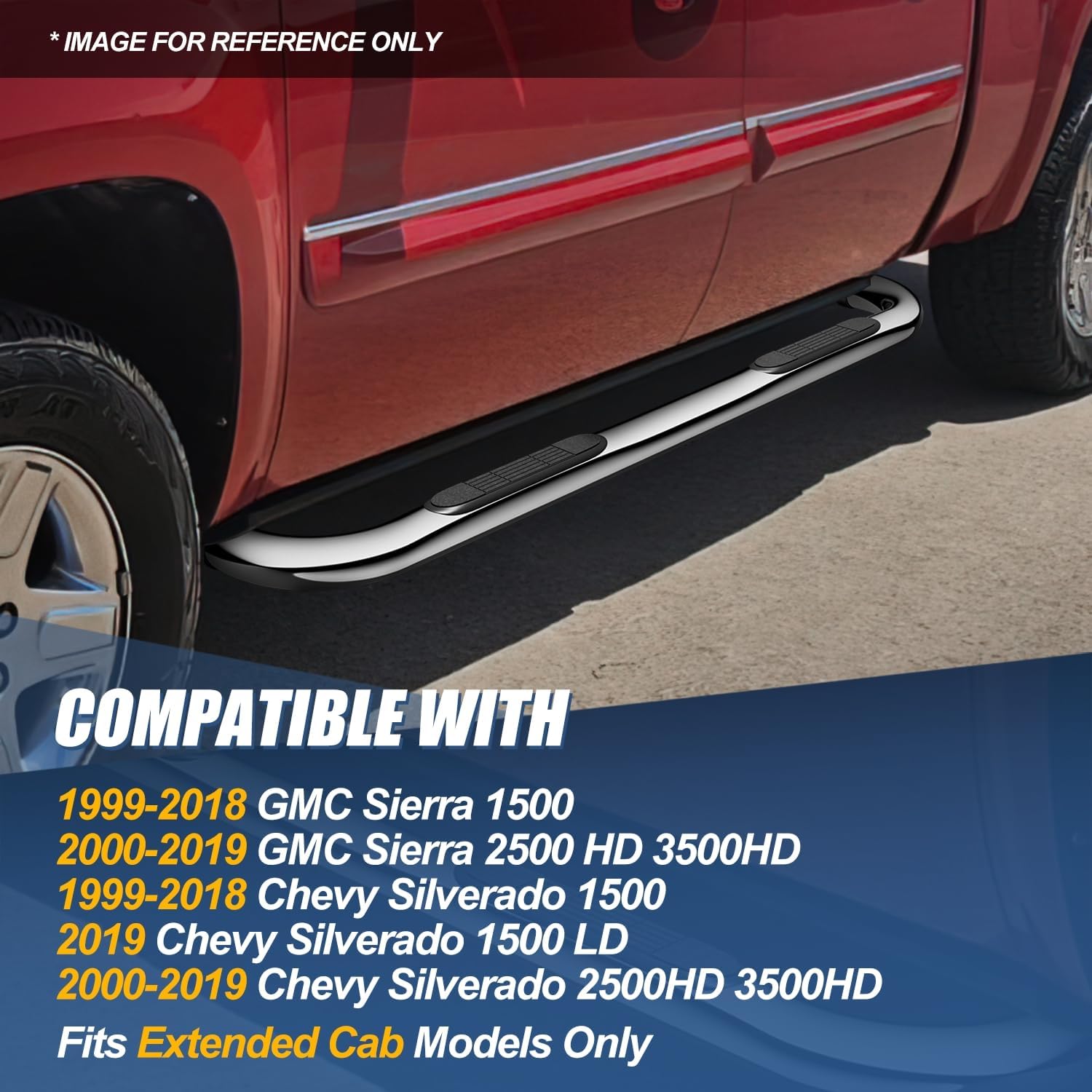 Auto Dynasty Running Board for 1999-2019 Silverado 1500-3500HD Extended Cab | 3" Stainless Steel Step Bars Fits For 99-19 Silverado Sierra 1500