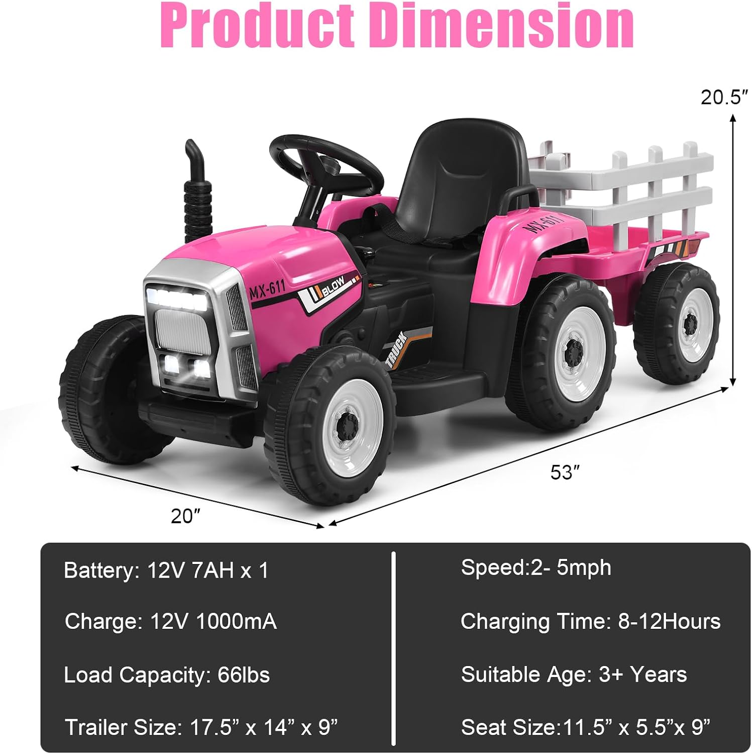Costzon Ride on Tractor with Detachable Trailer, Kids' Electric Vehicles w/3-Gear-Shift Ground Loader, Wireless Design & USB, 7 LED Headlights