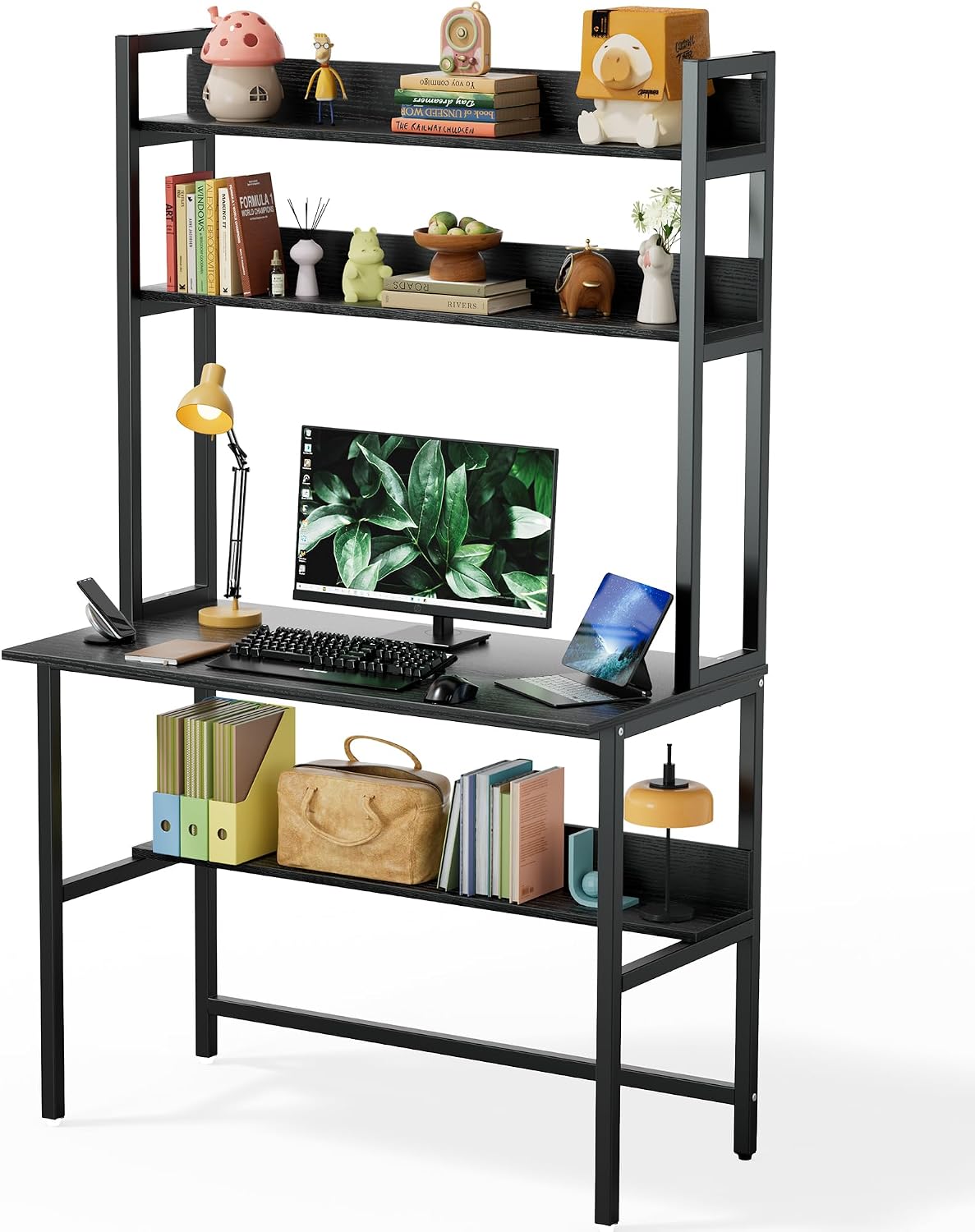Aquzee Computer Desk with Shelves, 47" W x 23.6" D Gaming Desk with Hutch and Bookshelf