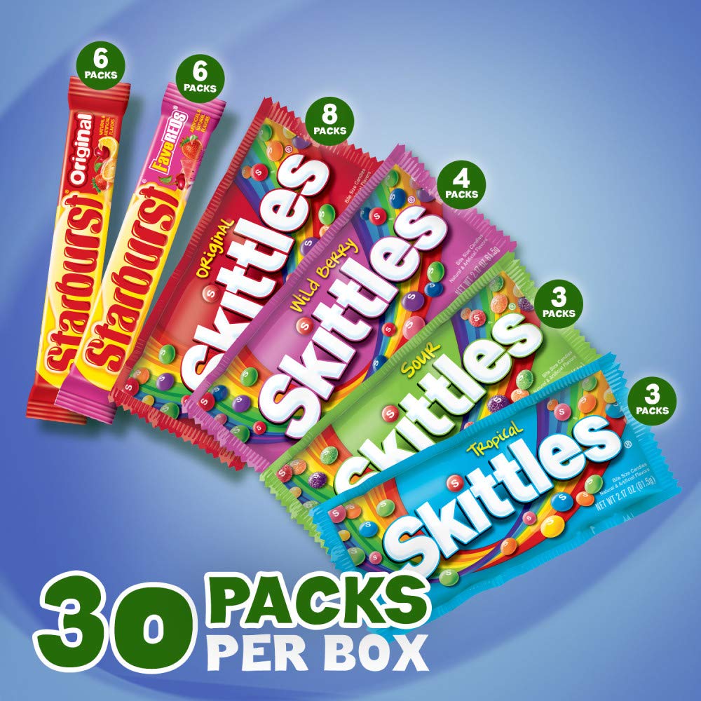 SKITTLES & STARBURST Assorted Candy Variety Pack Bulk Box 18 Count 37.05 oz | Everyday snacking, snack box, mix candy assortment bulk candy fruity candies bulk box for fundraising, snacking, road trips