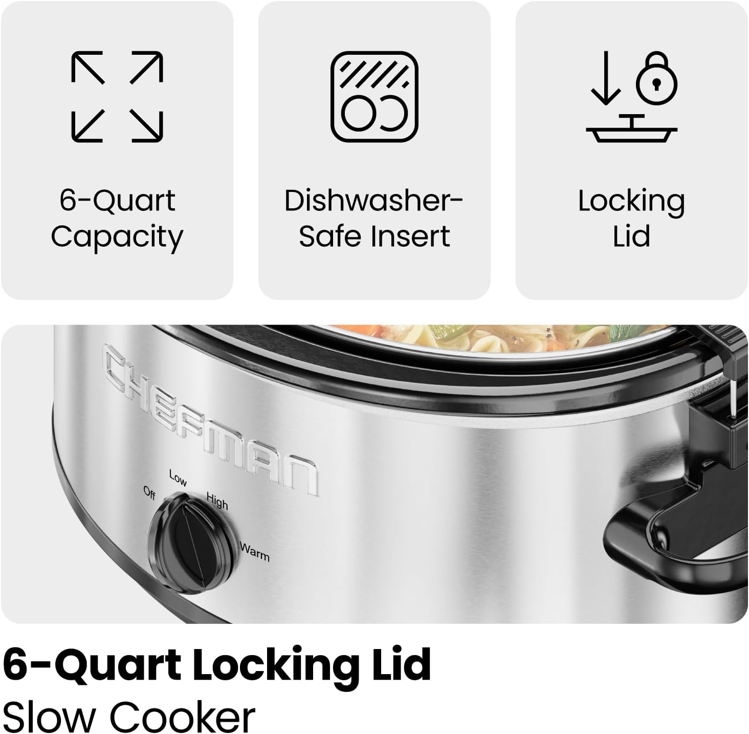 Chefman Triple Slow Cooker & Food Warmer, Three Crock Slowcooker with 2.5 Qt. Ceramic Crocks, 7.5-Quart Total Capacity, PFAS-Free, Three Temperature Settings, Dishwasher-Safe Parts – Stainless Steel