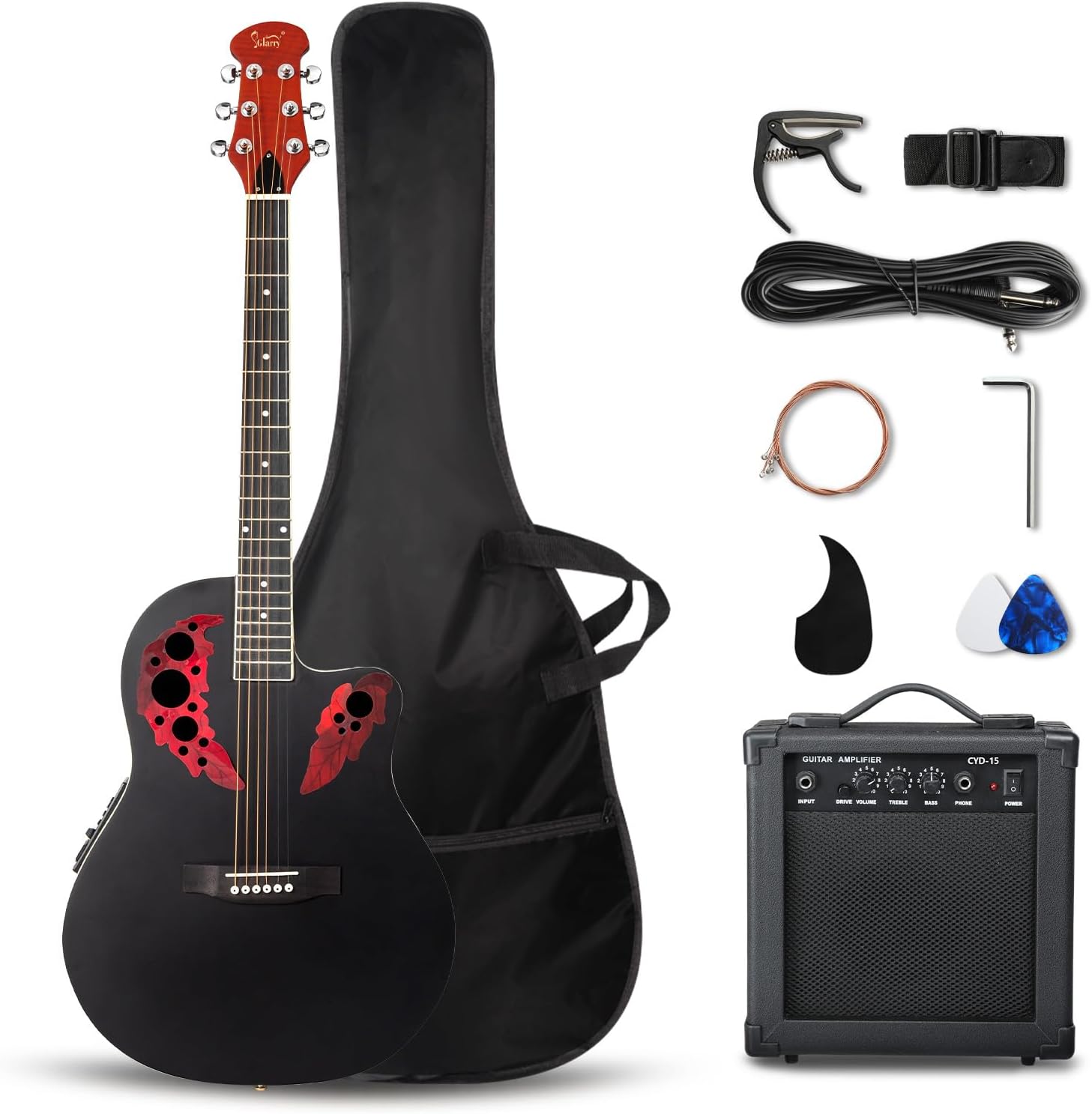 GLARRY 41in Acoustic Electric Guitar, Unique Round-back Design, 6 String Cutaway Guitar Beginner Kit with 15W Amp, EQ, Bag, Strap, Picks, Strings (Black With AMP, Full-Right Handed)
