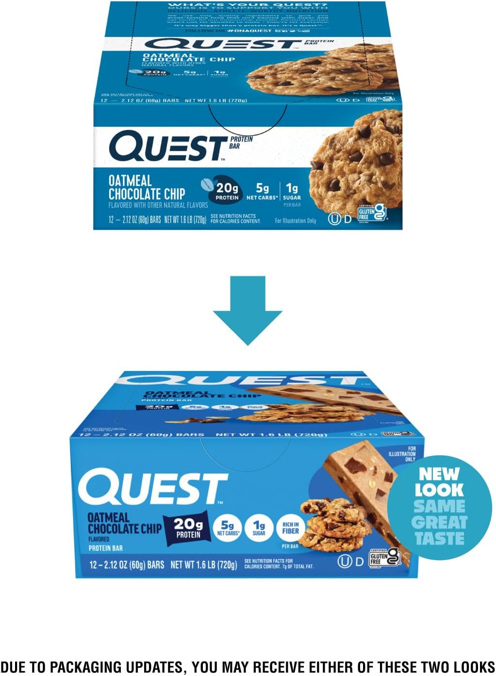 Quest Nutrition Oatmeal Chocolate Chip Protein Bars, 20g Protein, 12 Count | 12g Fiber, 5g Net Carbs, 1g Sugar, Gluten Free, High Quality Protein, Soft and Chewy, Individually Wrapped 2.12oz Bars