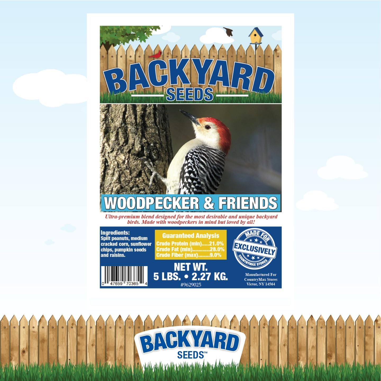 Backyard Seeds Woodpecker No-Waste Bird Seed Mix 5lbs - Premium Shelled Peanuts & Sunflower Chips, Small Bag of Wild Bird Food