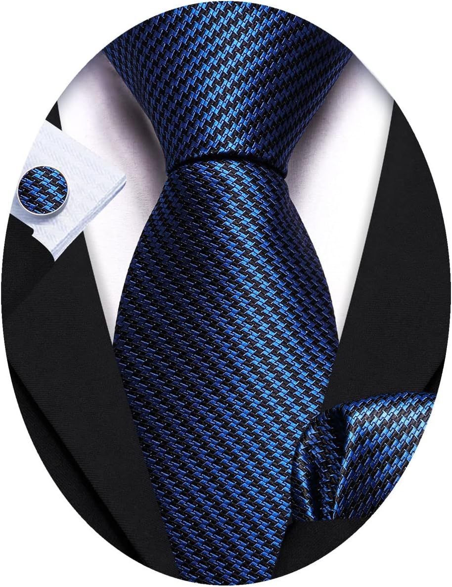 Barry.Wang Plaid Ties for Men Silk Necktie Handkerchief Cuff Links Set