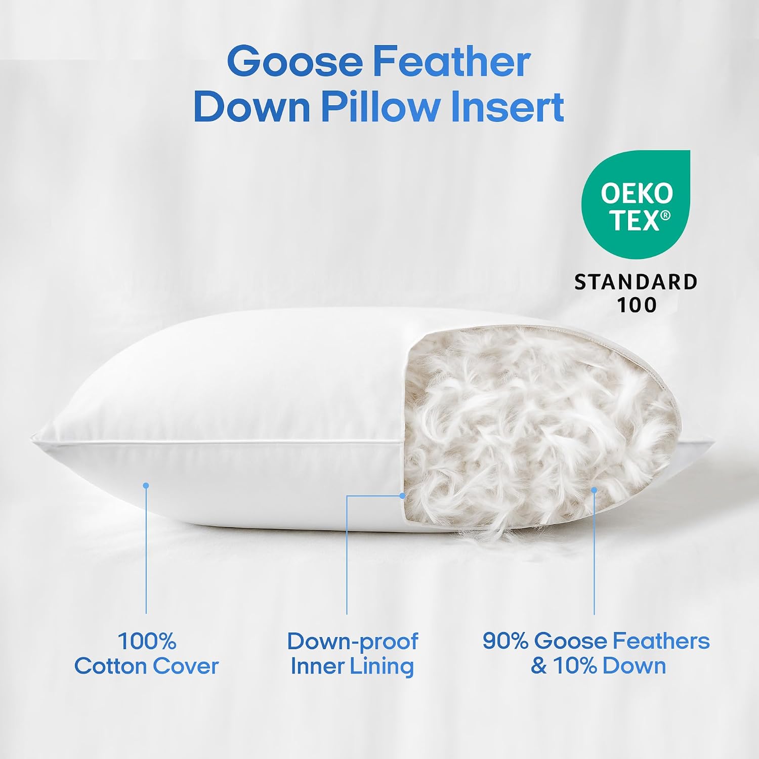 puredown® Goose Feathers and Down White Pillows with 100% Cotton Cover, Bed Sleeping Hotel Collection Pillows Set of 2, Standard Size